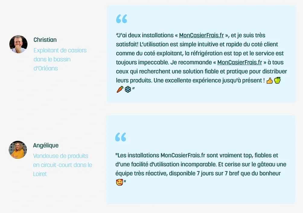 Positive customer reviews of MonCasierFrais on the responsiveness of the food locker company's customer support.