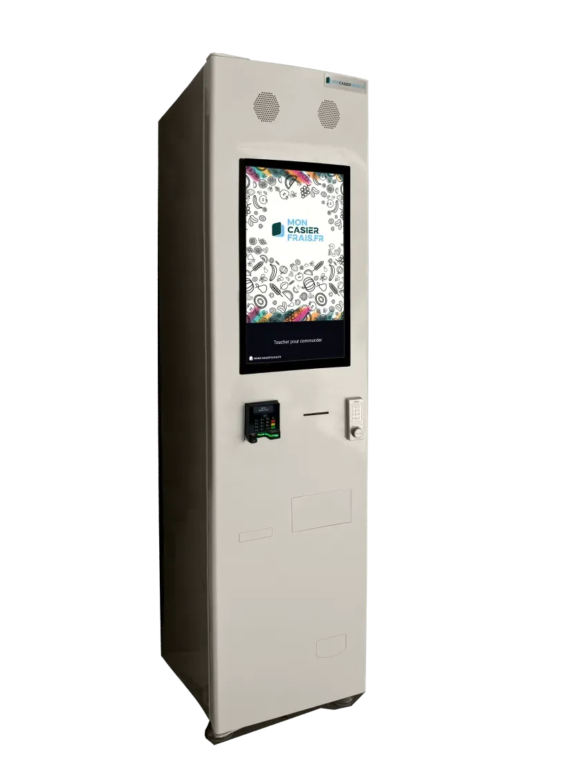 Self-ordering kiosk for automated lockers available from MonCasierFrais, chilled vending machine provider.