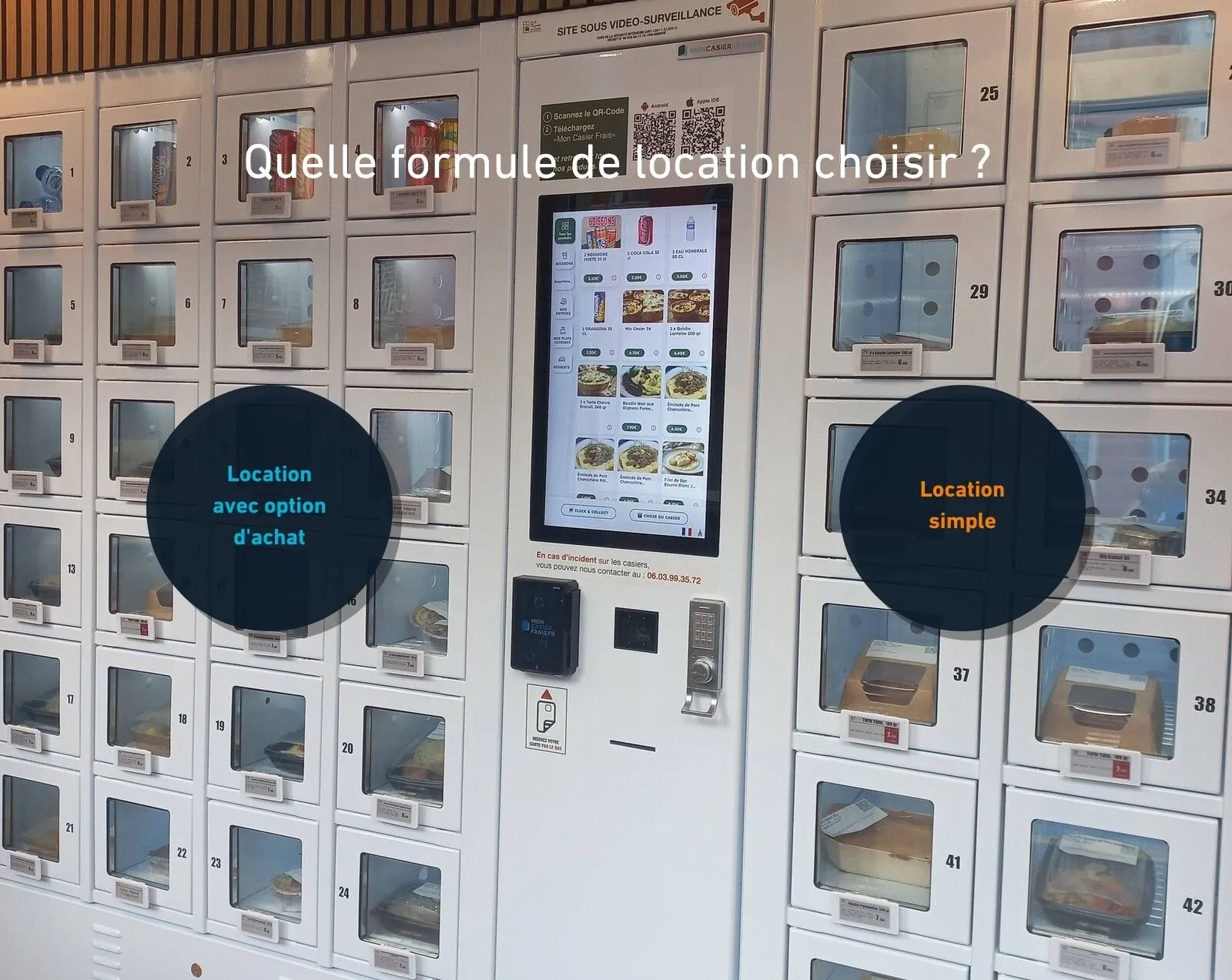 Distributeur automatique réfrigéré devant lequel figurent les deux options de location chez MonCasierFrais.fr